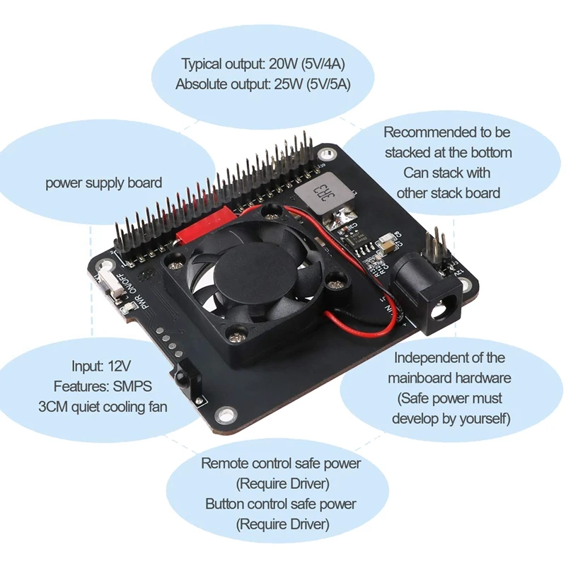 NEW-Power Expansion Board Power Board 20W(5V 4A) Power Supply Safe Shutdown With Cooling Fan Infrared Remote Control