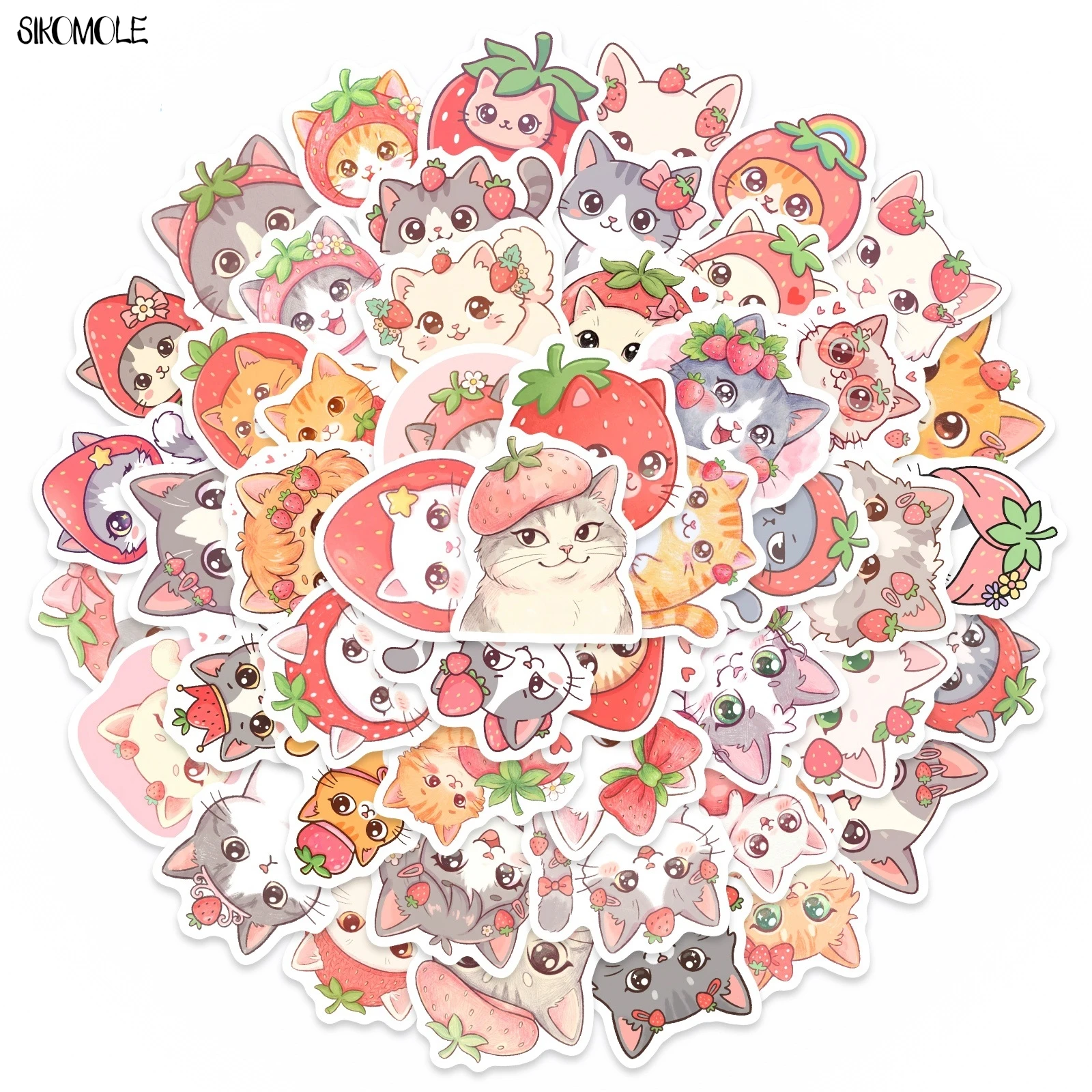 

10/30/50PCS Cartoon Watercolor Strawberry Cat Stickers Book DIY Skateboard Guitar Luggage Suitcase Decoration Graffiti Sticker