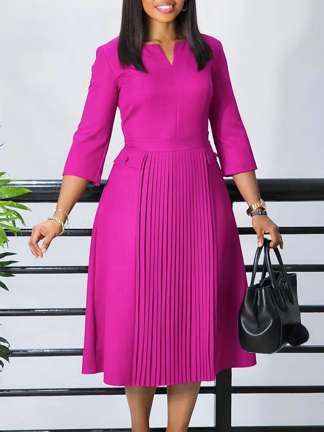 

Women's 2024 autumn new fashion temperament elegant solid color pleated plus-size dress