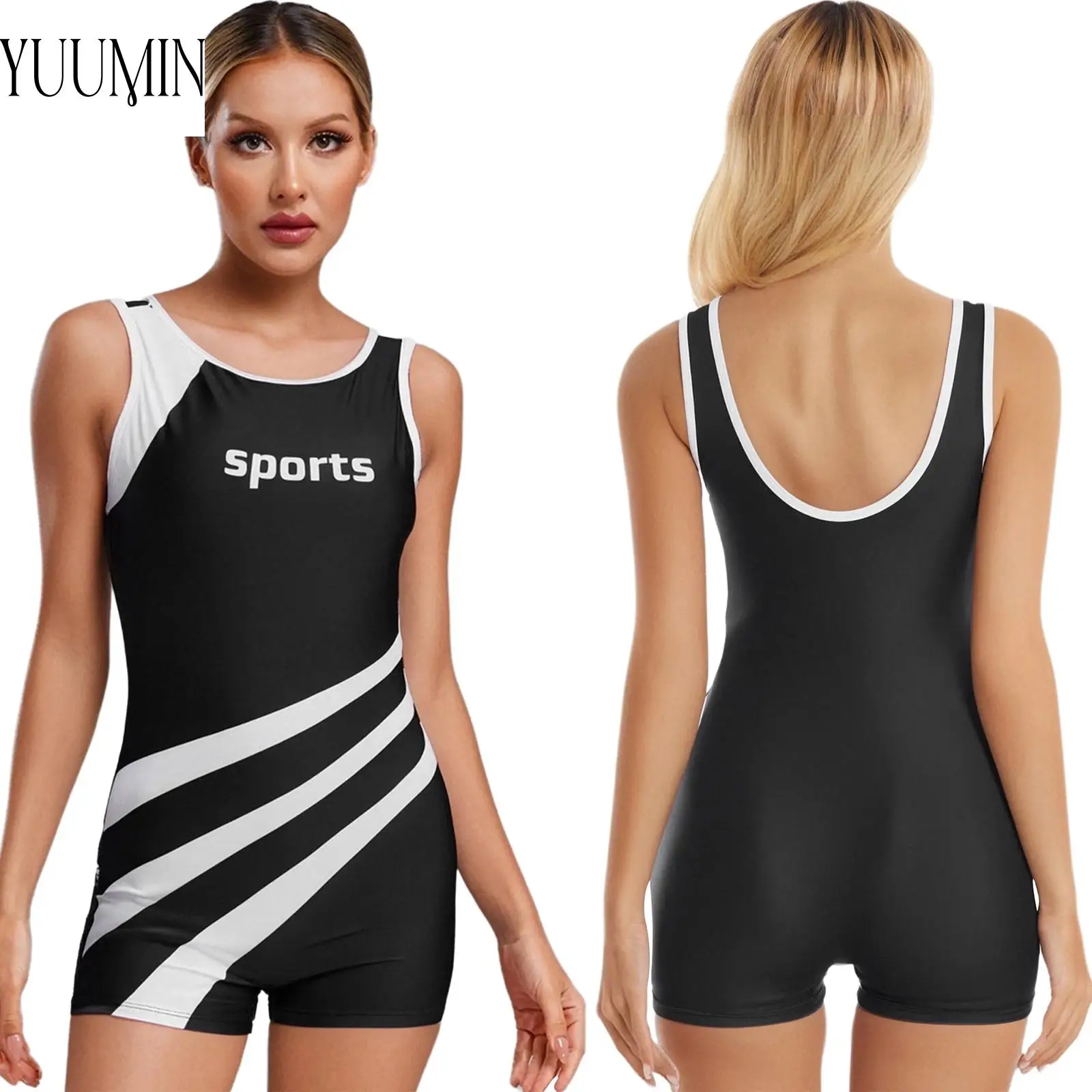 

Womens Contrast Color Striped Sports Jumpsuit Swimsuit Swimwear Sleeveless Bodysuit+Removable Chest Pads for Surfing Snorkeling