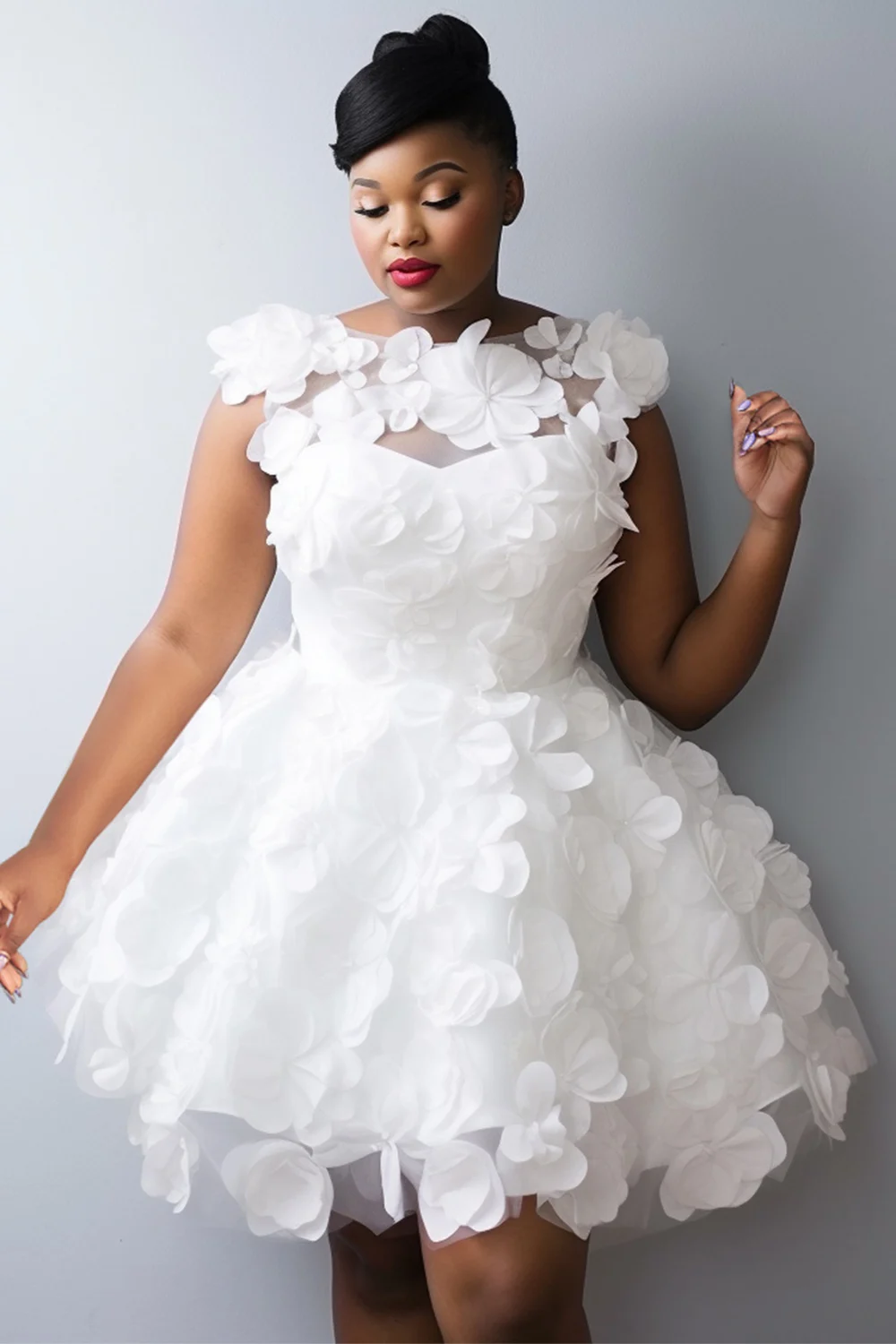 Plus Size Party White Elegant Round Neck 3D Tulle Mini Dresses