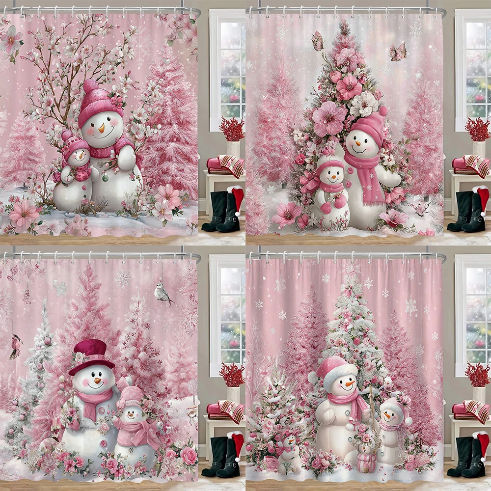 

Christmas pink snowman Shower Curtains For Bathroom with Hooks, Cartoon Christmas Shower Curtain Gifts Xmas Bath Curtain Decor
