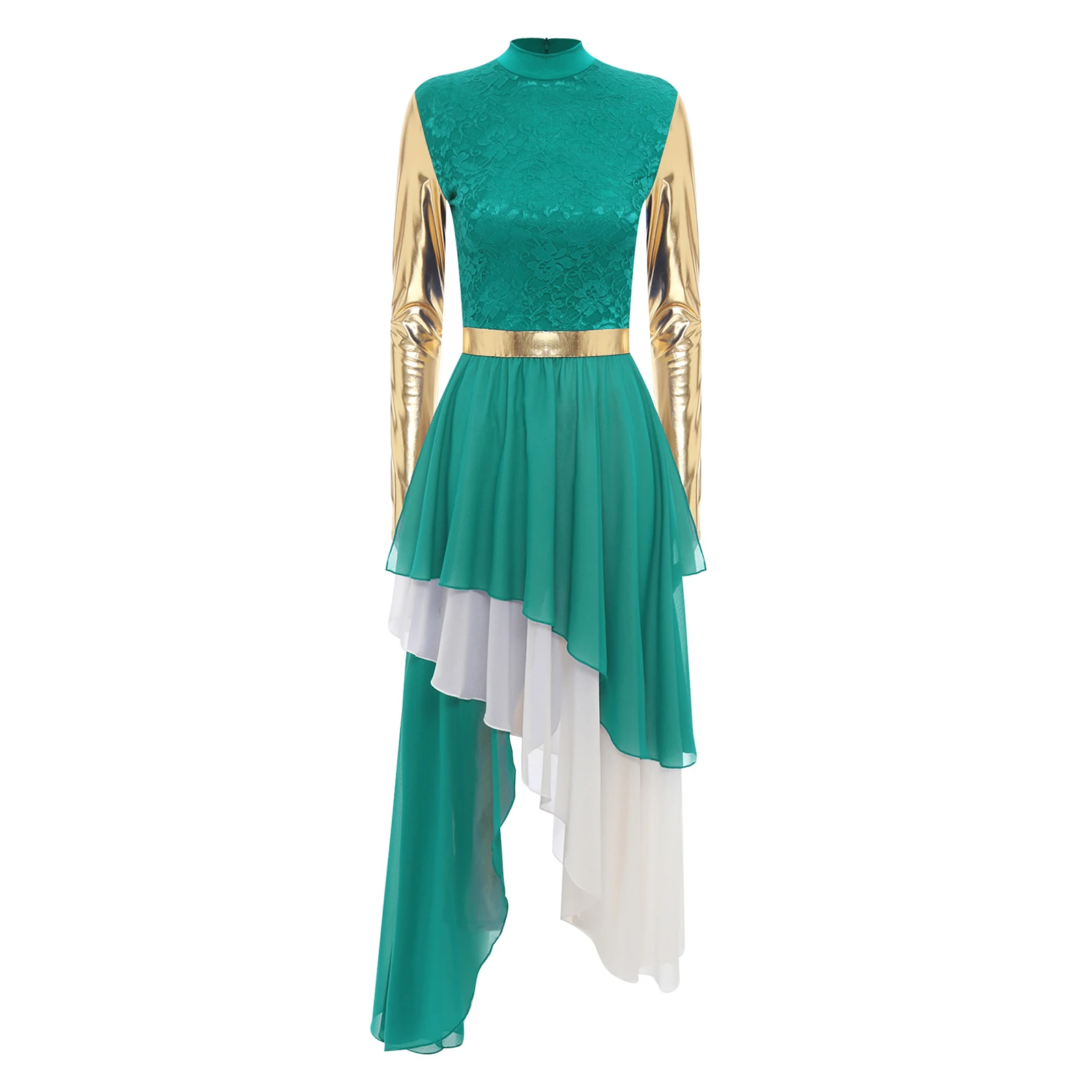 

Women Liturgical Praise Ballroom Dance Dress Metallic Shiny Long Sleeve Tiered Irregular Chiffon Hem Dress Performance Costume