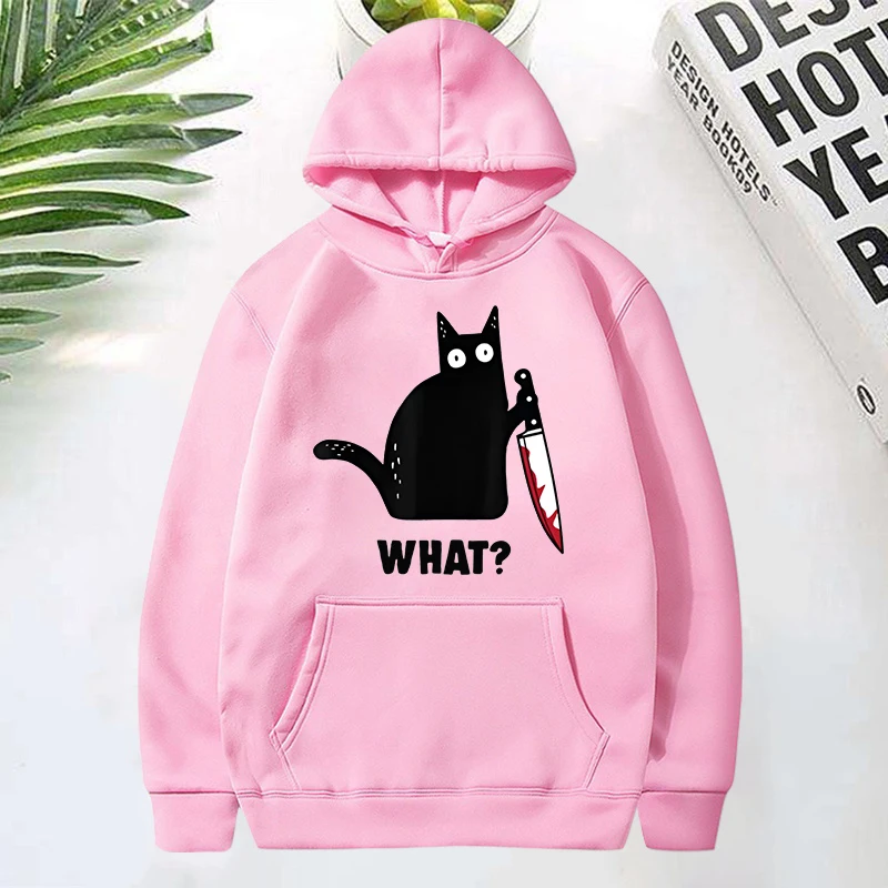 

Cat What Hoodie Murderous Cat With Knife Funny Unisex Sweatshirt Halloween Pullover For Men Women