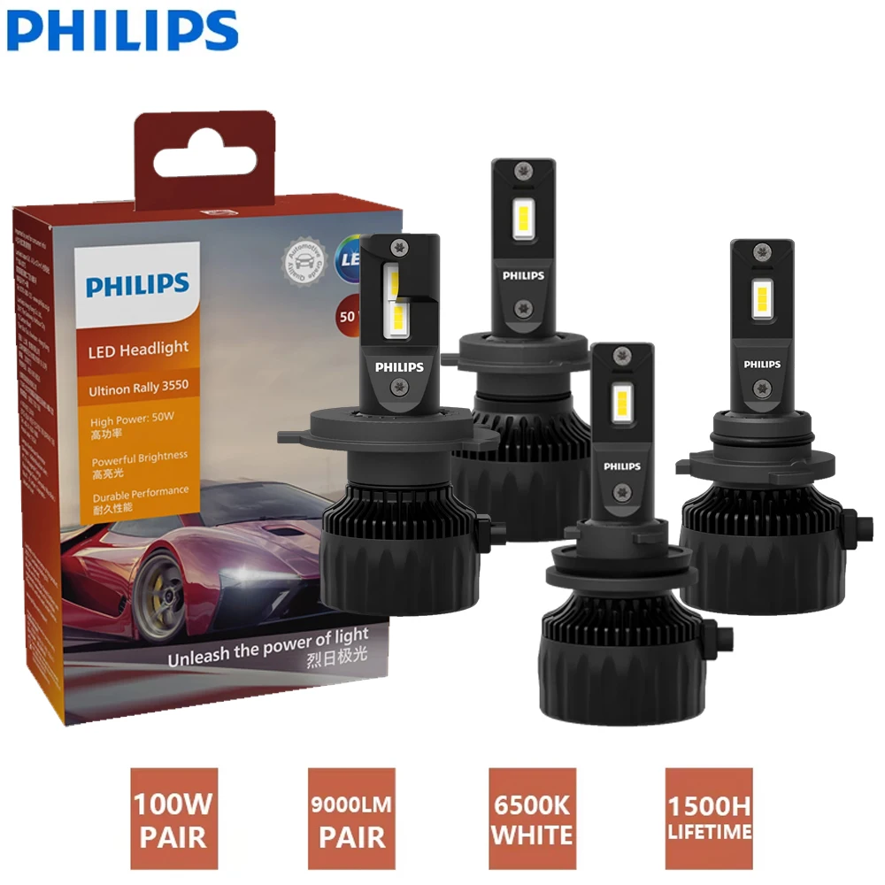 Philips Ultinon Rally 3550 H7 H4 H11 HB3 HB4 HIR2 LED Headlight 100W 9000LM Max Power Bright 6500K White Turbo Upgrade Bulbs 2x