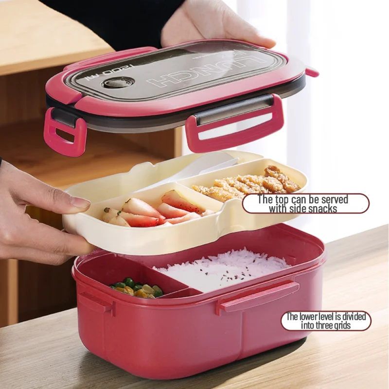 Lunch Box 2 Layers Grids Student Office Worker Microwave Hermetic Bento Box Outdoor Picnic Fruit Food Container with Fork Spoon