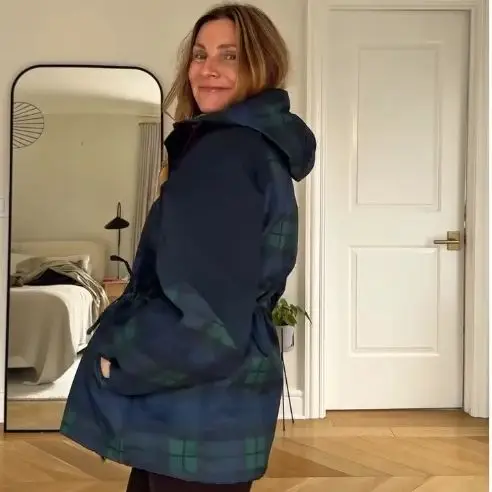 الرجعية العصرية منقوشة سترة فضفاضة عارضة أنيقة مصمم معطف الوقوف طوق هوديي الخريف ملابس خارجية المرأة الشارع ارتداء