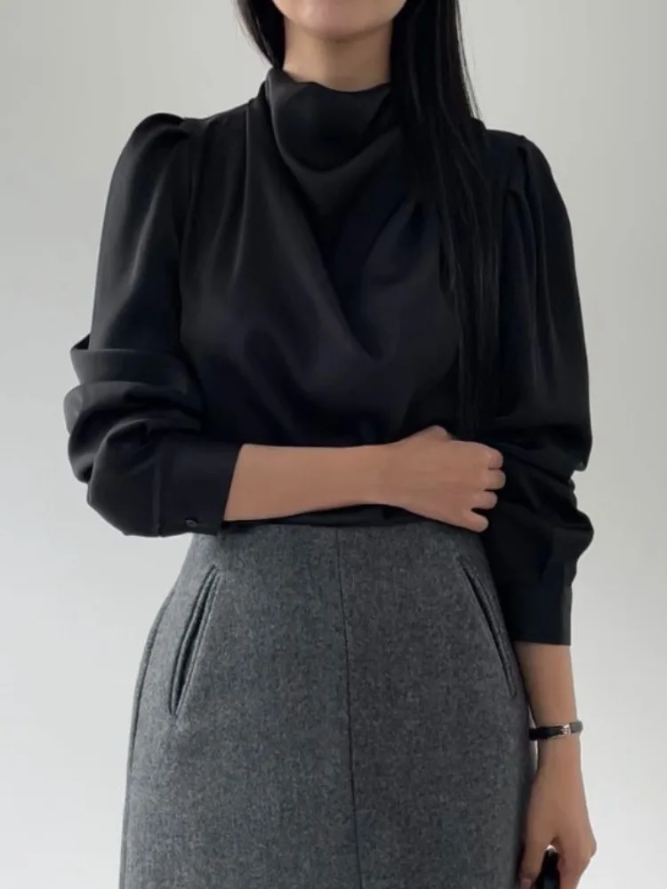 Ele Spring Bubble Sve Satin Loose Women's irt Chic Pleated Design Stand Collar Versatile Faionable Commute Sle