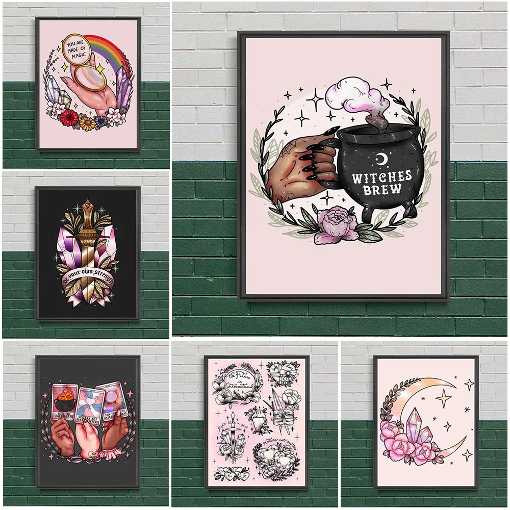 Witch Power Magic Brewing Art Print Witchcraft Moon And Crystals Wall Art Decoration For Living Room Poster And Prints Unframed