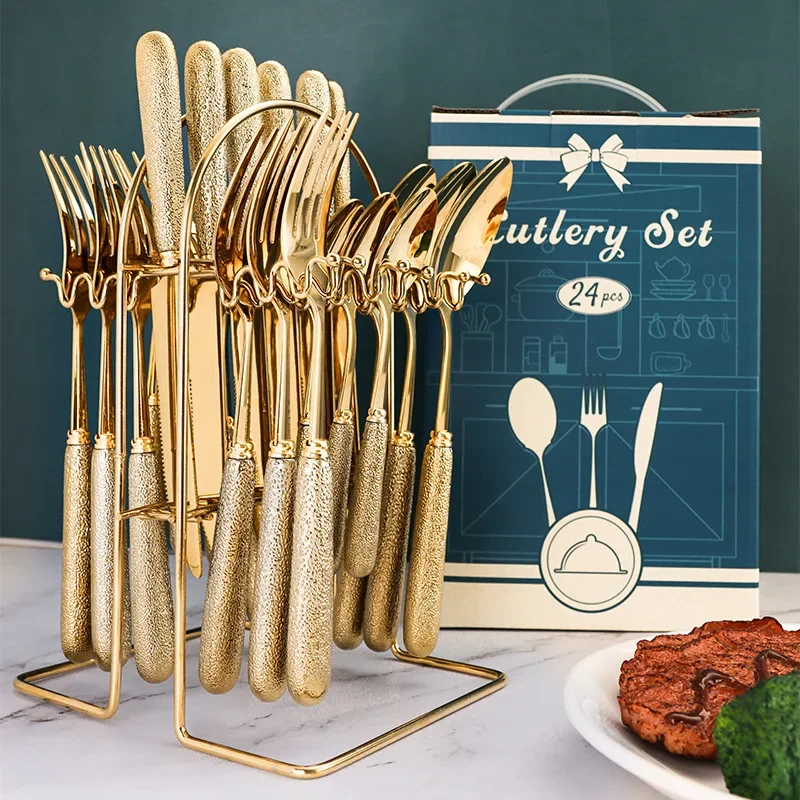 

24 pcs Stainless steel tableware light hammer pattern ceramic handle knife fork and spoon storage rack complete set cutlery set