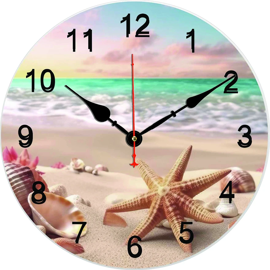 Reloj de pared redondo de estrella de mar para playa, sala de estar, dormitorio, cocina, decoración del hogar, reloj de pared, reloj de cuarzo silencioso, artículos de decoración del hogar