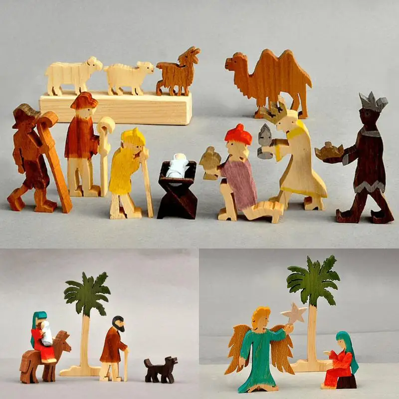 17Pcs/set Wooden Christmas Nativity Set With Baby Nativity Critters And Characters Indoor Playset Christmas Story Scene Decor