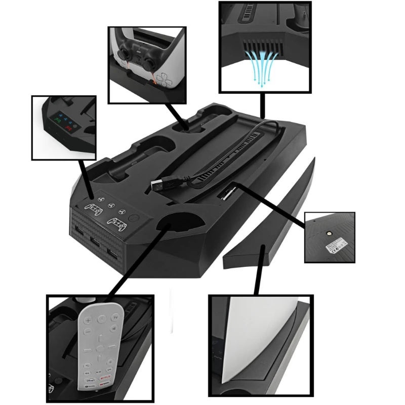 YH-55 for PS5 Bracket with Cooling Station and Dual Controller Charging Station for PS5 Gamepad Charging Dock Station
