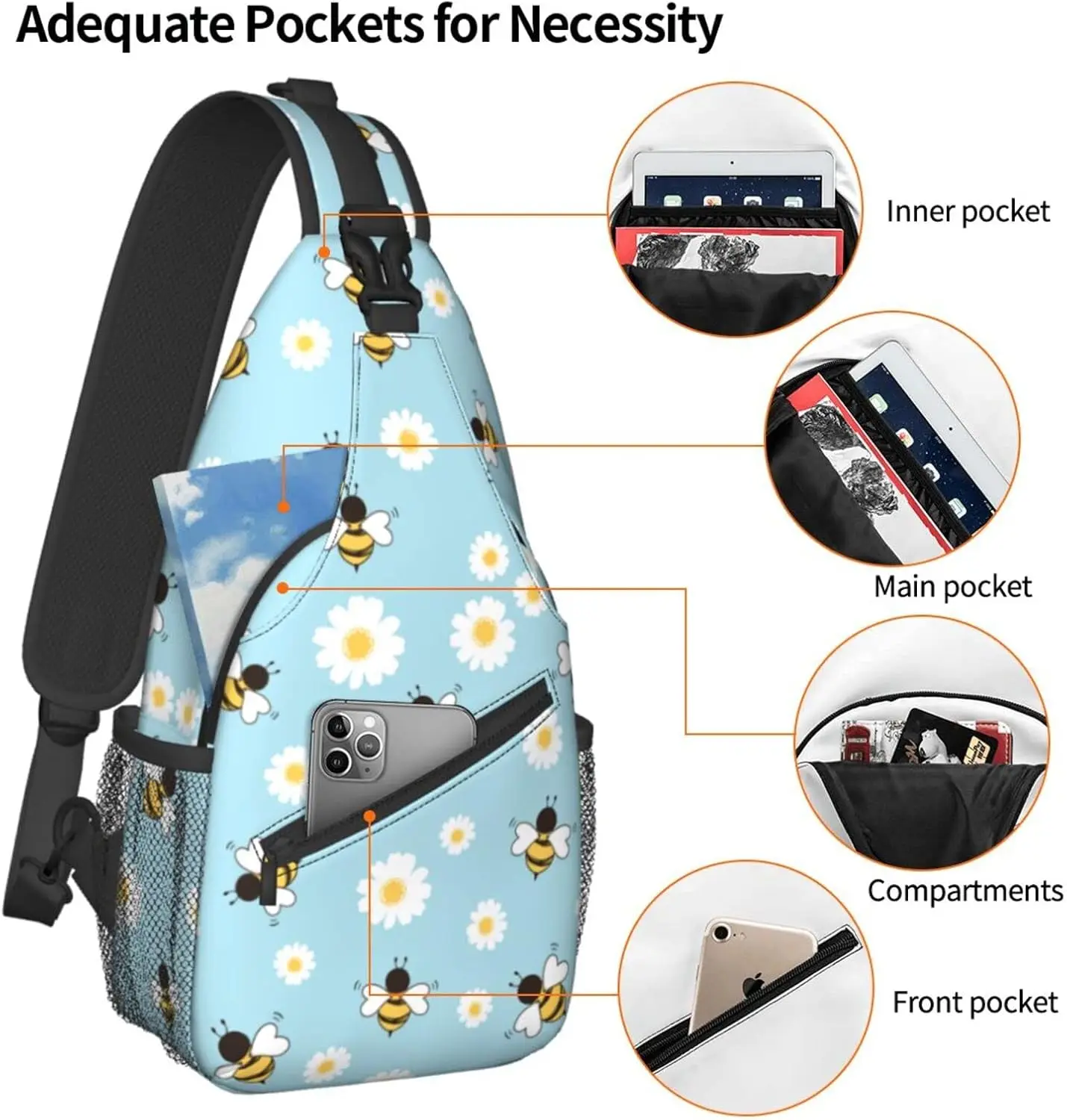 Abejas Flor Sling Bag Bandolera Viaje Senderismo Pecho Mochila Hombro Daypack para Mujeres Hombres Talla única