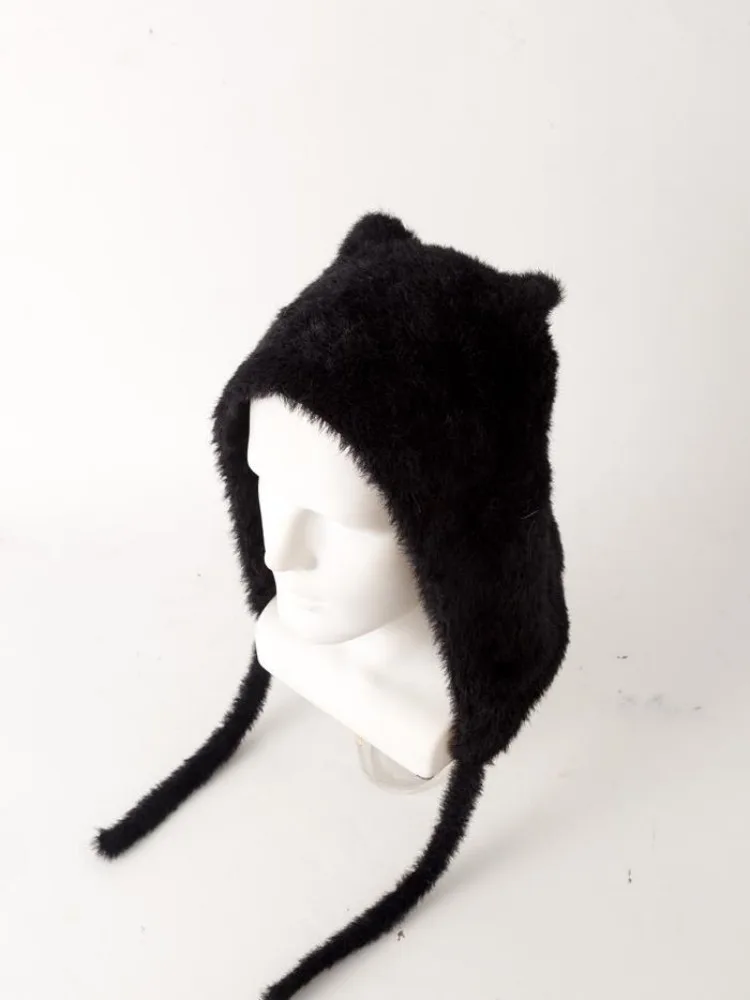 Winter Mink Velvet Fur Beanies for Women Men Cute Bear Ear Knitted Hat Crimped Straps Pullover Hat Hoody Balaclava Mom Gift