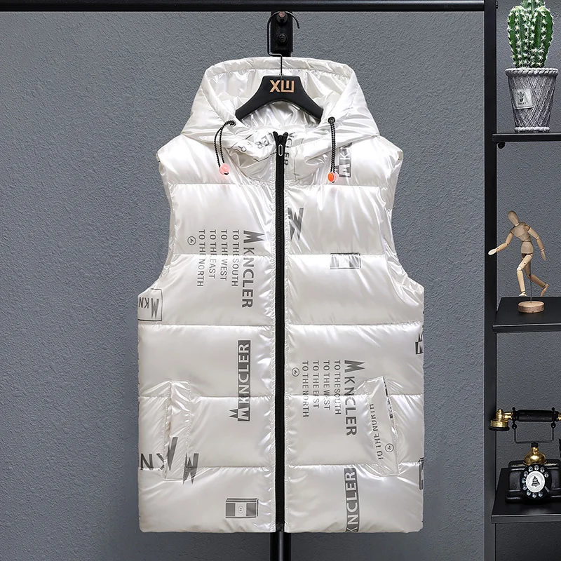 New Winter 2023 Hooded Bright Vest Men Casual Thicken Waterproof Warm Big Pockets Sleeveless Parka Thick Waistcoat Size 4XL