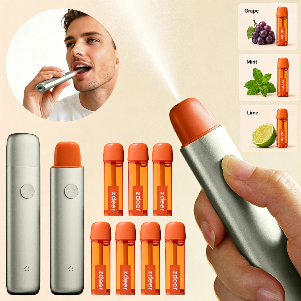 1Set Smart Electric Oral Spray Refill with 7 Flavor Cartridges,Long-Lasting Breath Freshening Atomized Oral Freshener Deodorizer