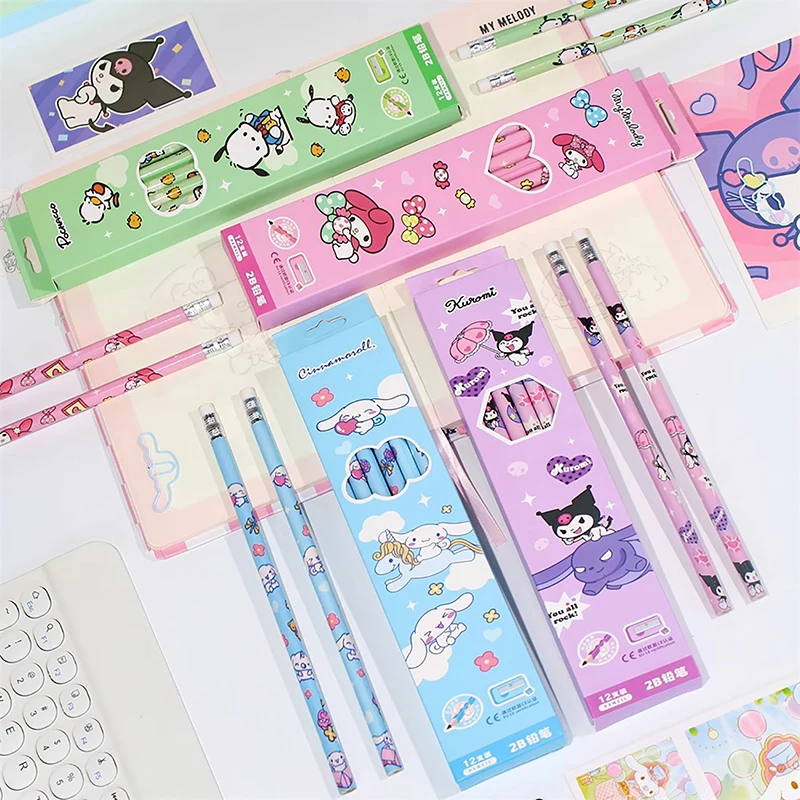 12 Stks/doos Sanrio Potlood Melodie Kuromi Cinnamoroll 2b Zwart Schrijven Draw Potloden Studenten Briefpapier School Kinderen Cadeau