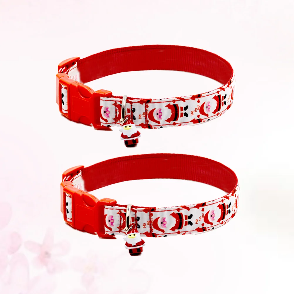 2pcs Christmas Pet Dog Cat Collar Santa Claus Printed Collars For Small Dogs Pet Supplies Nylon Adjustable Necklaces - Size S