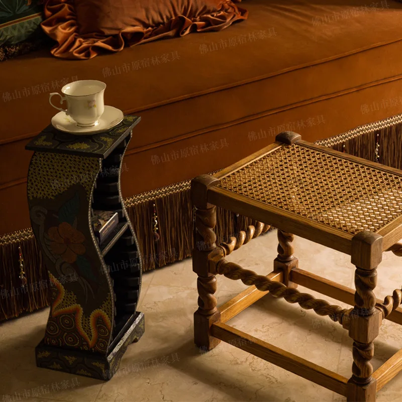 Sunlight series dressing stool small square stool rattan retro shoe changing solid wood carving flower medieval household
