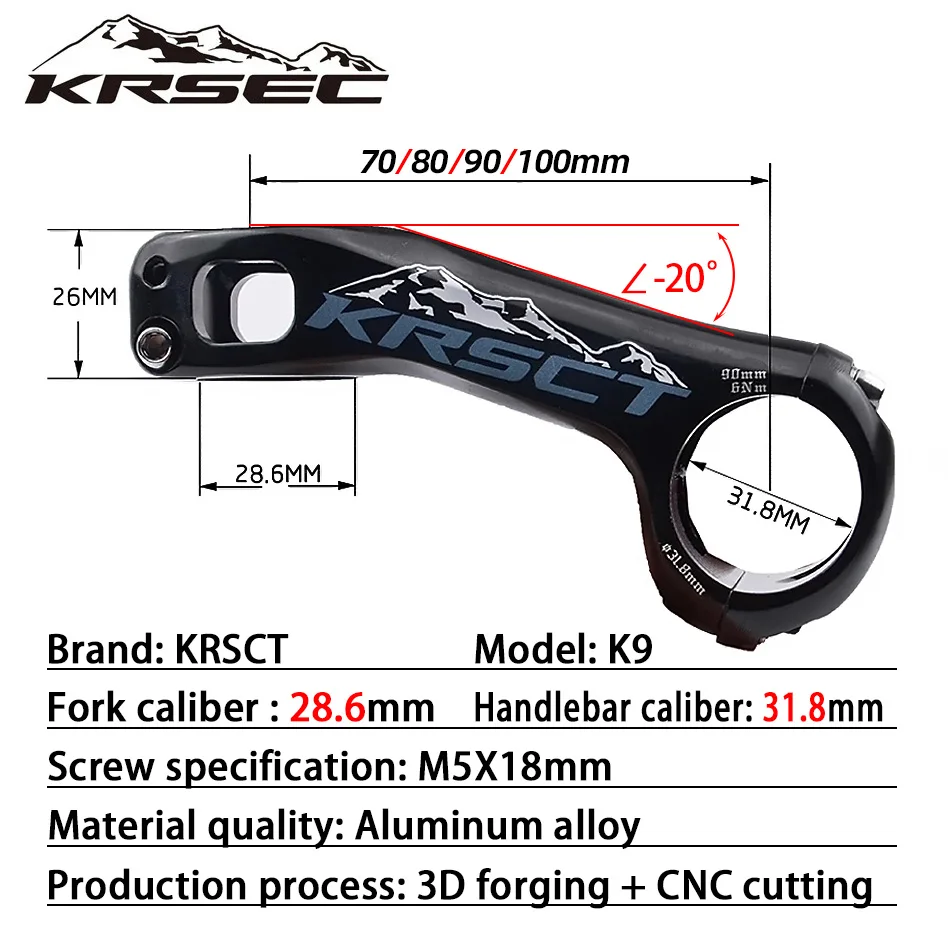 KRSCT Bicycle Stem 3D Forging High Strength Mountain Bike Stem -20 Degree 70/80/90/100mm Length for AM/FR/DH 31.8mm Handlebar