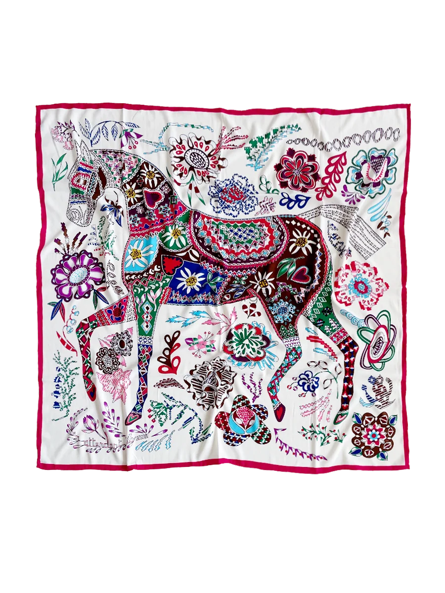 

Horse Print Silk Cashmere Scarf Shawls Versatile Hems Rolled Edges Bandana Tops Accessories Neck Head Hair Scarves 130cm Foulard