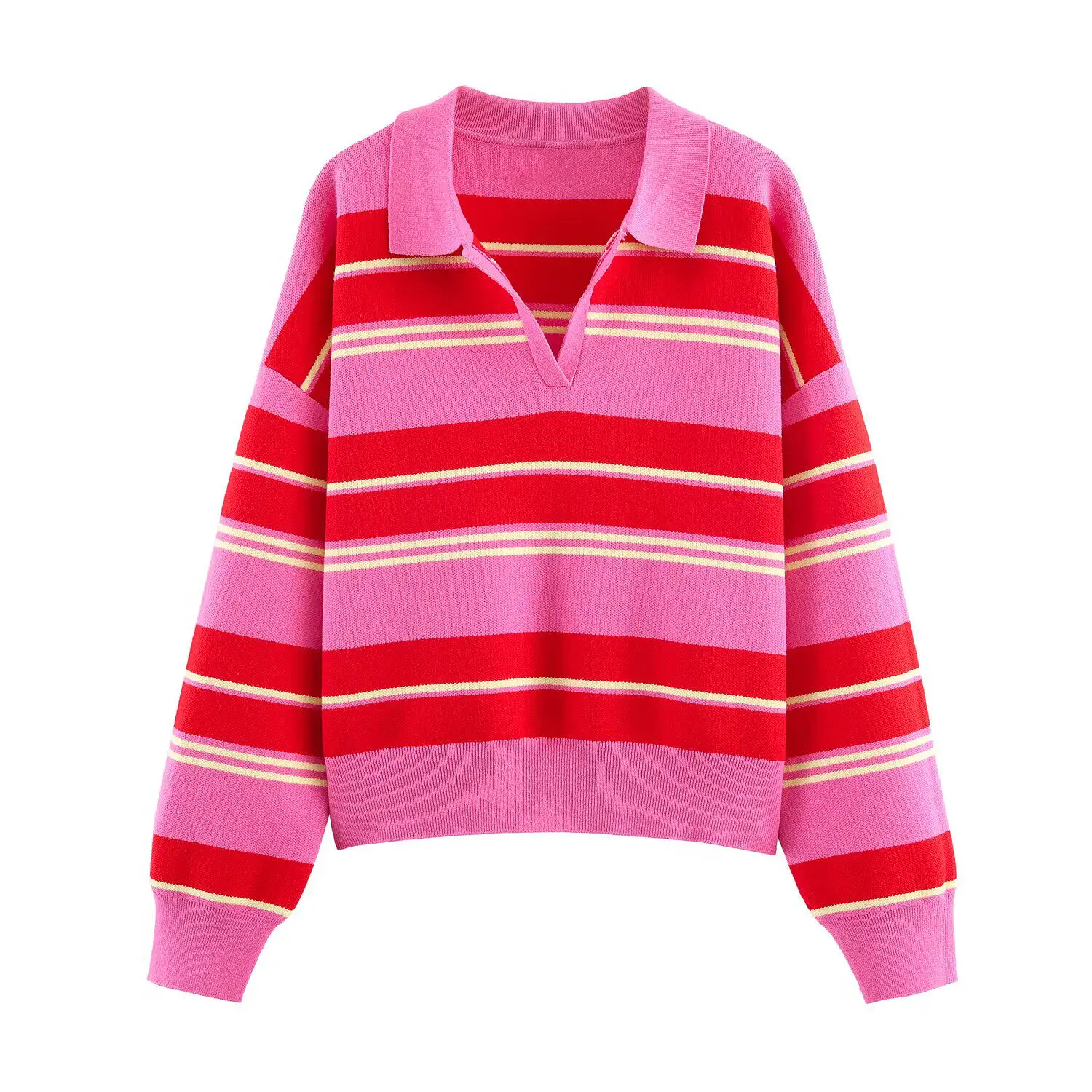 2026 Autumn New Women's Loose Long Sleeve Sweater Solid Color & Bold Stripe Lapel Top Street Fashion Long Sleeve Pullover
