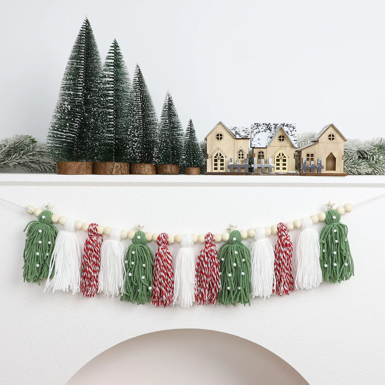 Boho Christmas Banner Wood Bead Tassel Garland Wall Hanging Home Decor for Party Decoration Christmas Tree Winter Room Decor