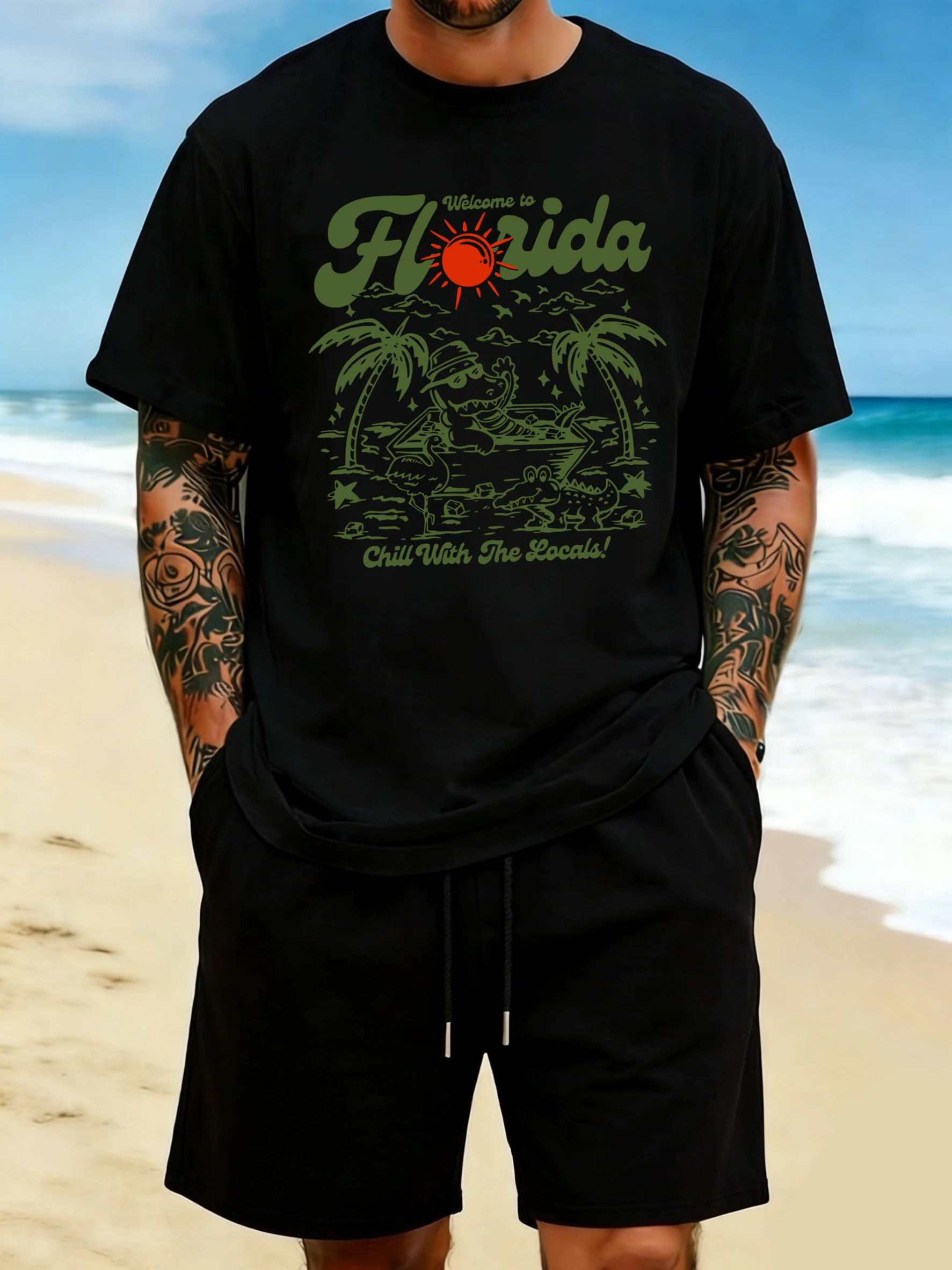 Willkommen in Florida, T-Shirt mit Kokosnussbaum-Aufdruck, Herren-Sommer-All-Match-Basic-T-Shirt, lässiges O-Ausschnitt-Streetwear-T-Shirt aus Baumwolle, lockere Kleidung