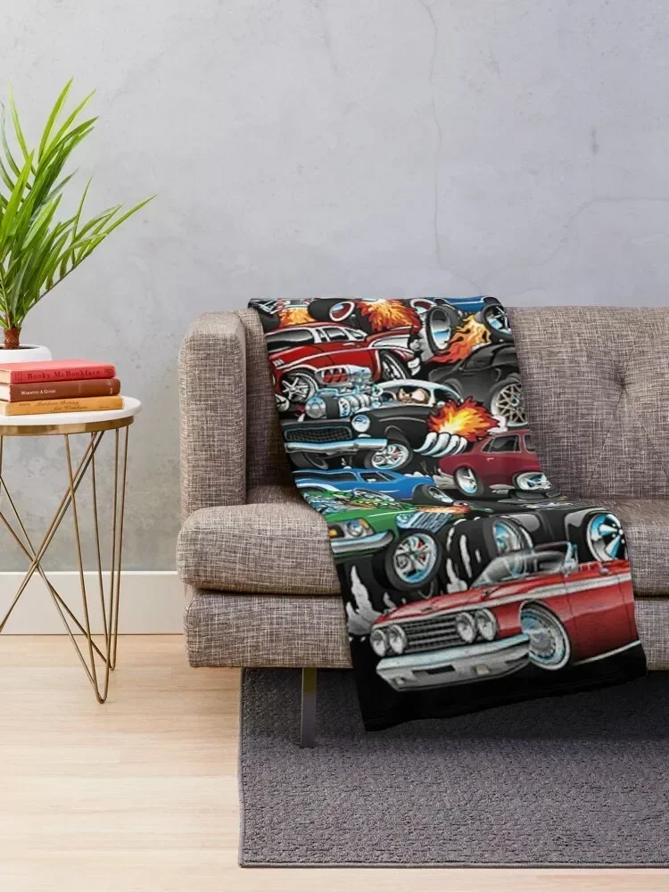 Car Madness! Muscle Cars and Hot Rods Cartoon Throw Blanket Cute Soft Plaid For Baby Blankets