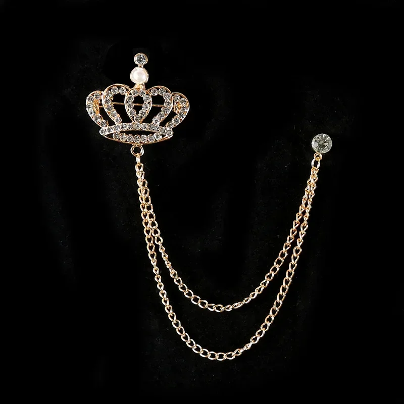 High-end Crown Brooch Rhinestone Tassel Chain Lapel Pins Gold Silver Color Metal Badge Fashion Collar Clothing Accessories