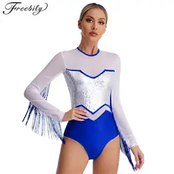 Women Latin Cha-Cha Dance Leotard Long Sleeve Sequin Mesh Tassel Bodysuit for Ballroom Dancing Tango Rumba Samba Performance