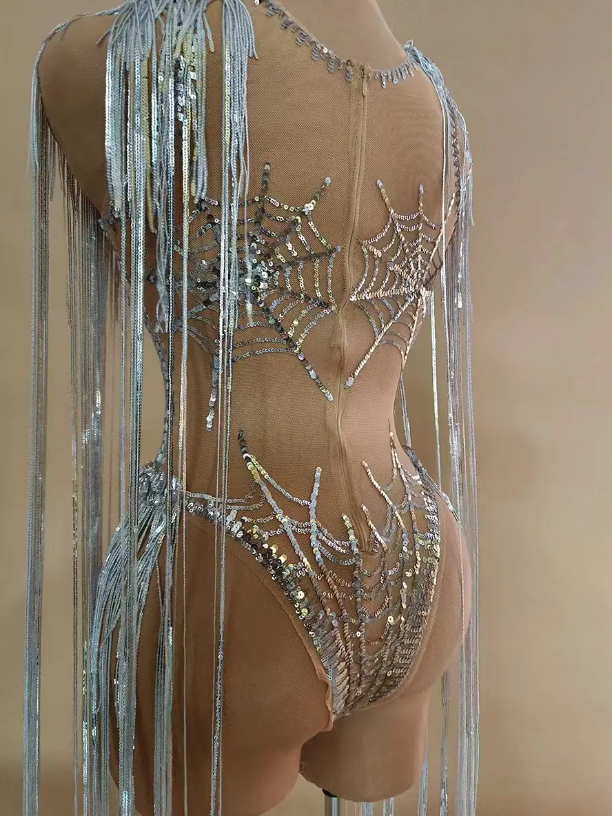 2025 Sequin Tassels Bodysuit Adult Women Jazz Dance Performance Clothing Stretch Jumpsuit Nightclub Gogo Dancer Costume yj335