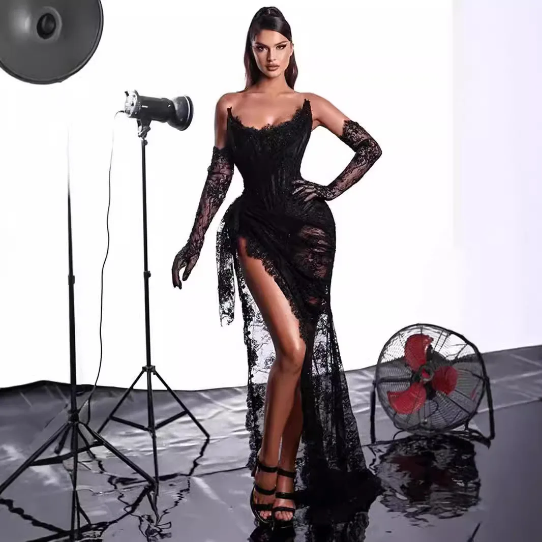 

New Women's Sexy U-Neck Sleeveless Gloves Lace Hip Wrap Skinny Gala Party Bar Mitzvah Evening Dress