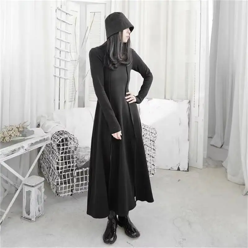 

Женское платье с длинным рукавом, классическая черная приталенная юбка с разрезом на талии и высоким воротником, весна-лето