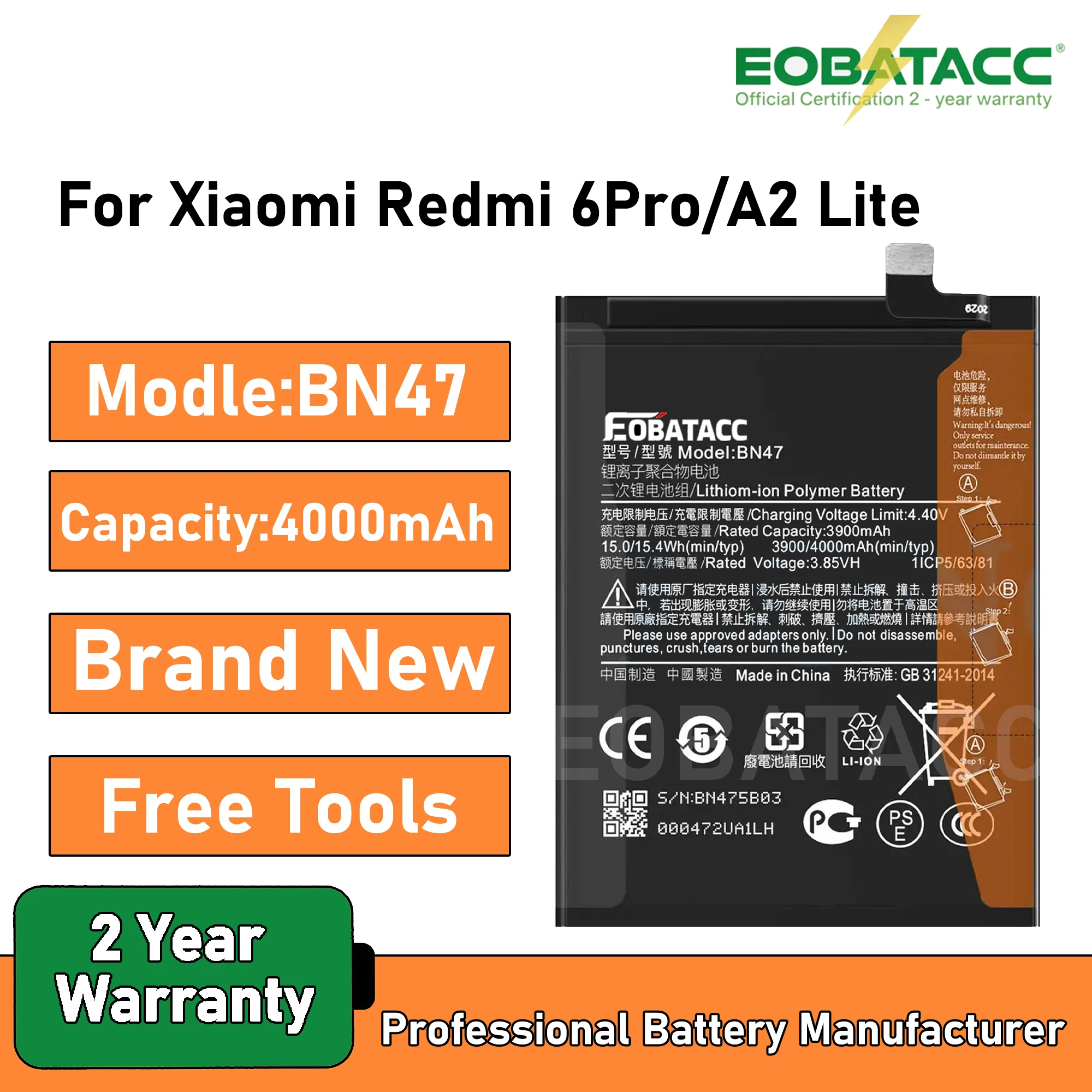 

2025 Years EOBATACC 100% New BN47 Battery For Xiaomi Redmi 6 Pro 6Pro Mi A2 Lite Bateria Batterie + Free tools
