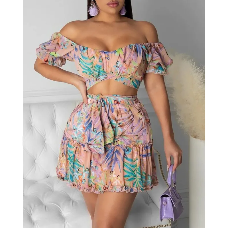 2024 Summer New Women\'s Clothing Floral Floral-Print off-Shoulder Short Top Skirt Suit Two-Piece Set