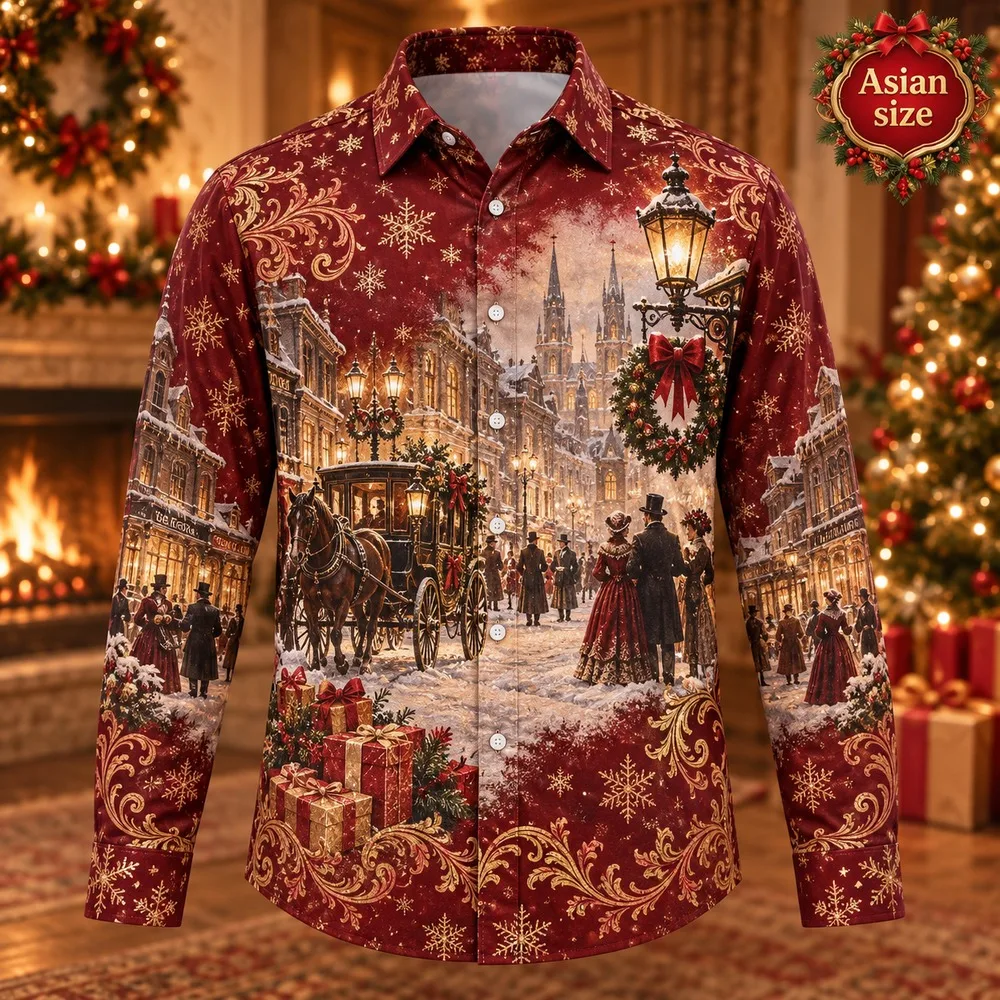 2026 Victorian Christmas Long Sleeve Button Down Shirt for Men 3D Print Polyester Holiday Party Festive Graphic Winter Shirts