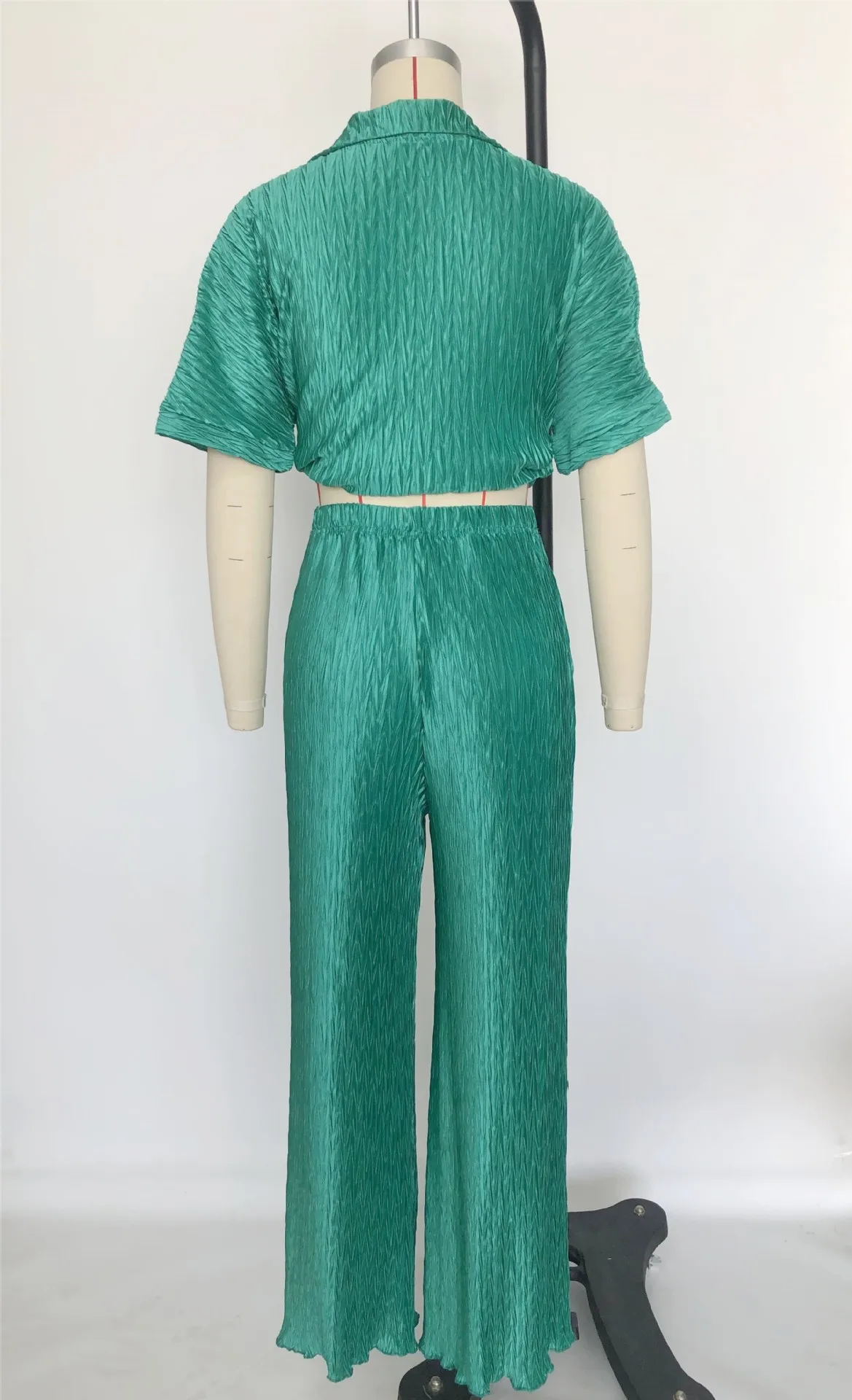 Ladies Pleated Knit Pants And Short-Sleeved Shirt Suit With Trousers Spring/Summer Pleated Cloth Women's 2-Piece Pants Set