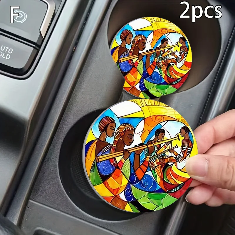 Colorful Retro African Tribal Ladies Music Dance Print Car Drink Cup Holder Coasters 2Pcs, Anti Slip Waterproof Washable Leather