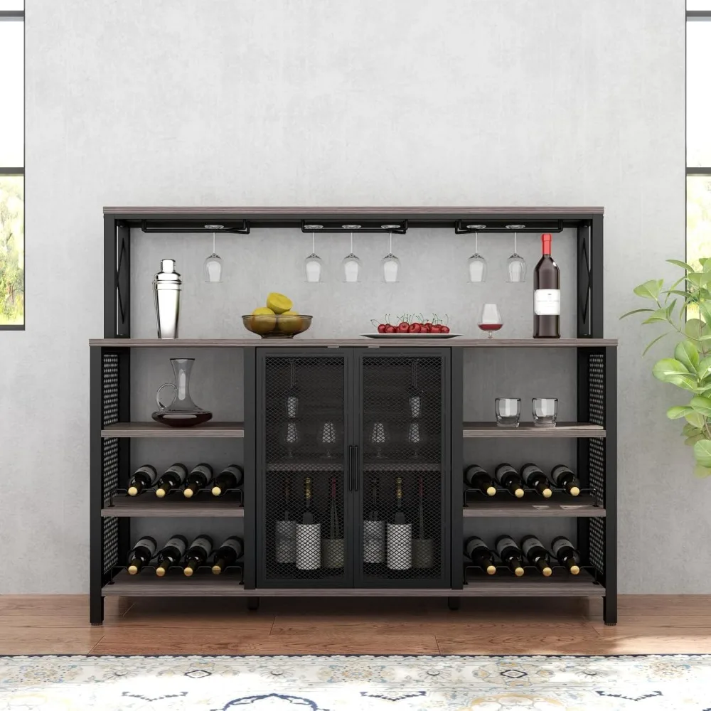 Wine Bar Cabinet, 55 Inches Industry Coffee Bar Cabinet with Wine Rack and Glass Holder