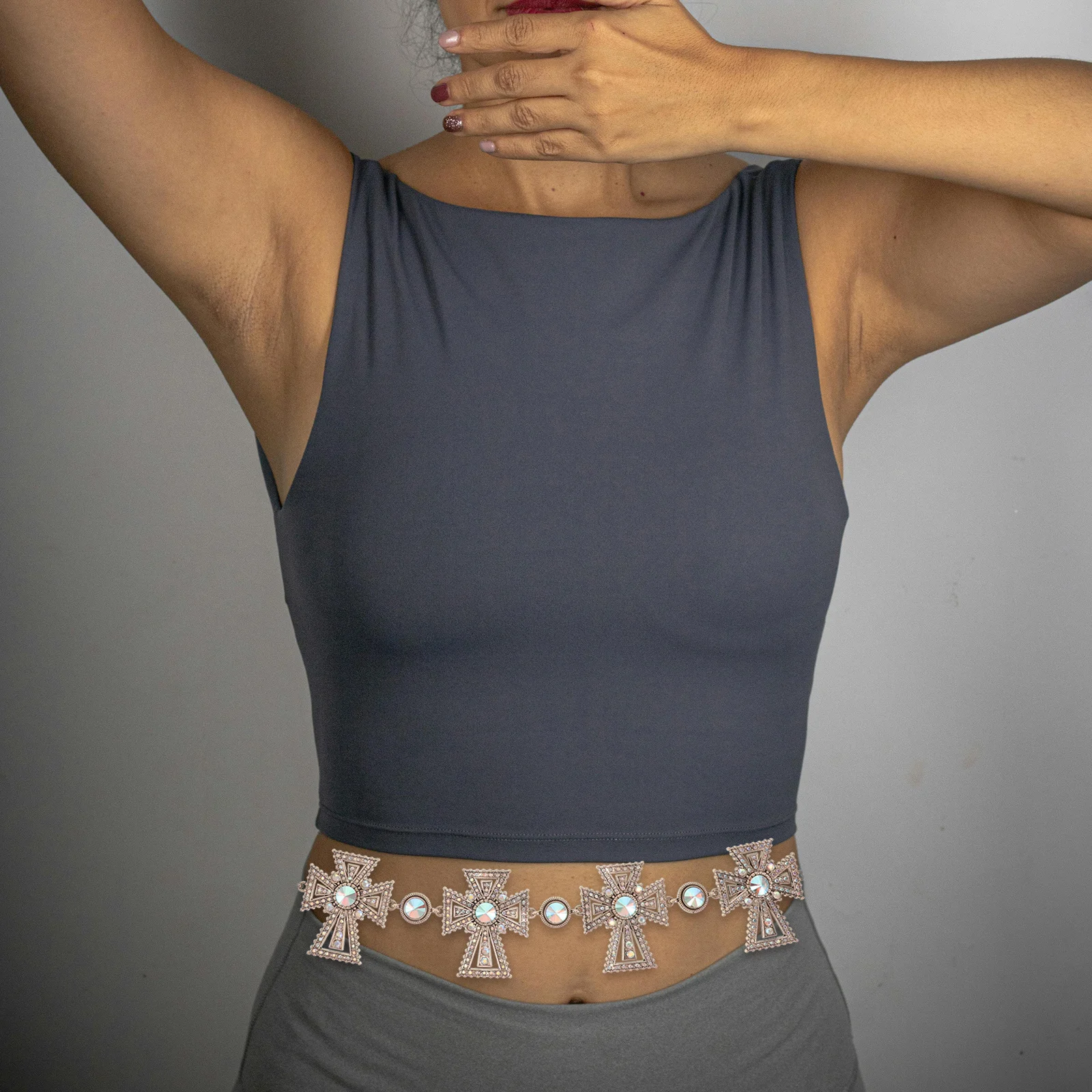 

Cowgirl Rhinestone Chain Belt Adjustable Golden Cross Waist Chain Punk Body Jewelry Party Festival Outfits Metal Link Cross Belt