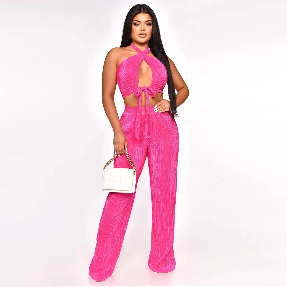 Women Solid Color 2 Piece Set Halter Crop Top and Pleated Wide-Leg Pants Casual Elastic Lady Streetwear