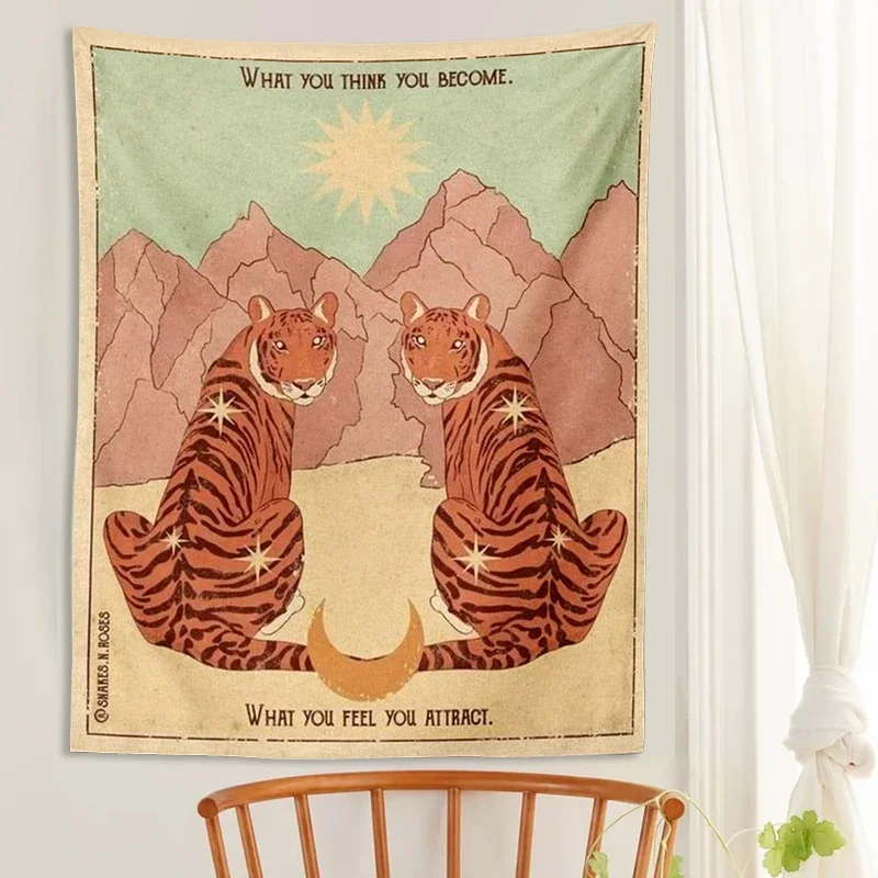 Vintage Tarot Tapestry  Wall Hanging Tiger Sun Moon star Wall Art Tapestries Bohemian Psychedelic Witchcraft Home Decor Wall Art