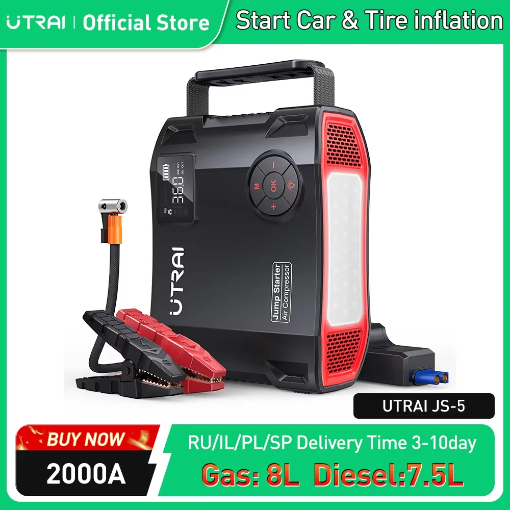 UTRAI Compressor 150PSI Air Pump Bicycle Car 2000A Jump Starter  Power Bank Wireless Tire Inflator LED Air Compressor