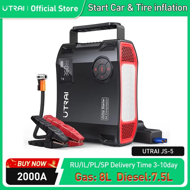 Sprężarka UTRAI 150PSI pompa powietrza rower samochód 2000A urządzenie do uruchamiania awaryjnego Power Bank bezprzewodowy inflator opon LED sprężarka powietrza
