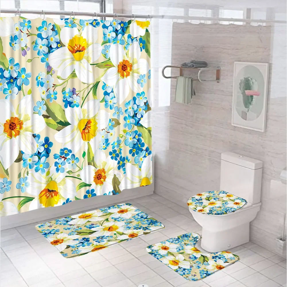 Plant Flowers Leaves Bathroom Curtains Watercolor Floral Scenery Shower Curtain Sets Non-Slip Bath Mat Rug Toilet Lid Cover Home