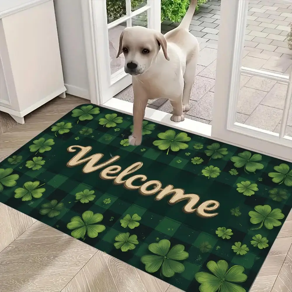 Green and Gold Welcome Door Mats with Four Leaf Clover Anti Slip Indoor Mats for St. Patrick's Day Hand Door Mats Front Doors