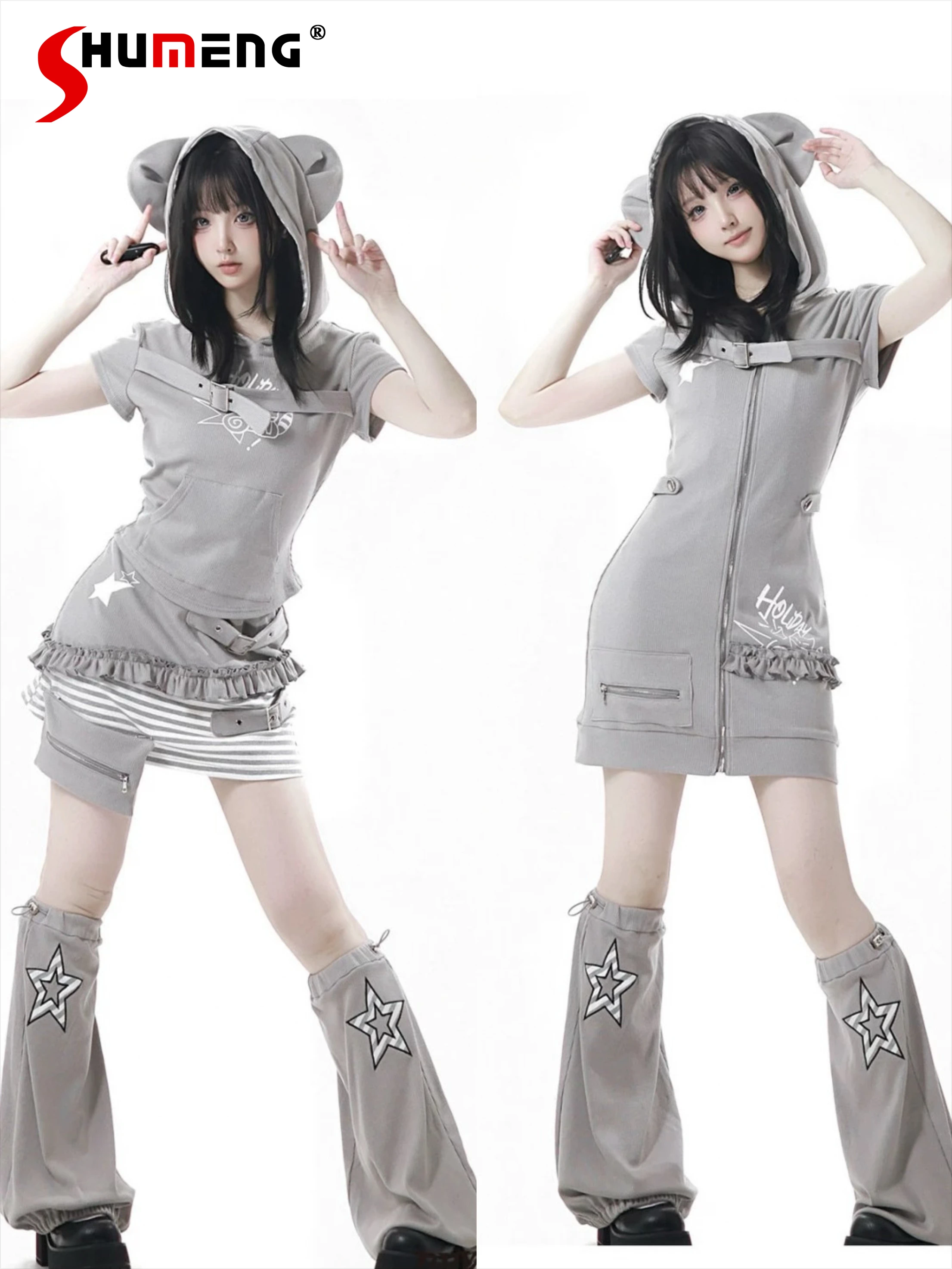 

2026 Summer Sweet Cool Girls Y2k Skirt Suit Japanese Kawaii Hooded Dress Short-sleeved Top Skirt Leg Warmer Outfit Women Clothes