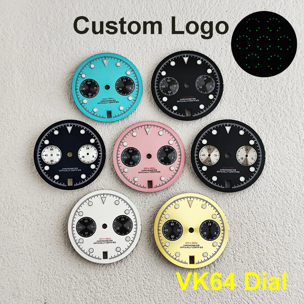 Hot VK64 dial men's watch custom logo panda dial 29mm green luminous dial suitable for VK64 quartz movement watch accessories